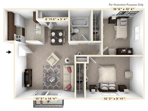Floor plan for 2 beds, 1 bath, 678 sqft